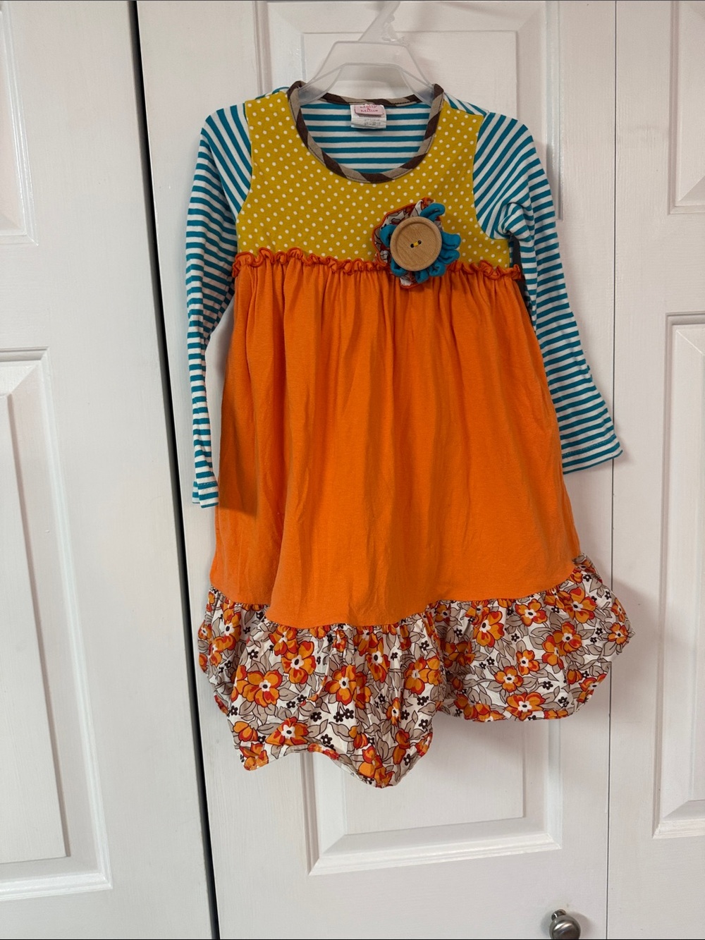 Girls Orange Floral Hem Layered Casual Dress with Teal Striped Sleeves